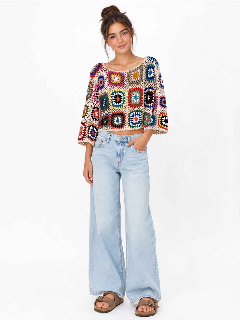 En Creme Multicolor Crochet Granny Square Sweater NWOT